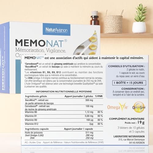 Laboratoire NaturAvignon Memonat | Mémoire court et long terme + protection contre le vieillissement cérébral | Ingrédients brevetés | 250mg d'Oméga3 DHA | Duo innovant capsule+gélule (15jours)