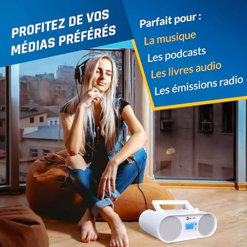 KLIM Boombox B4 Poste Radio CD Portable + Radio AM/FM, CD, Bluetooth, USB, MP3 + Mode Filaire et sans Fil avec Piles Rechargeables + Télécommande, Mode Veille Auto + Lecteur CD Portable + Blanc