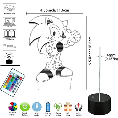 AIRUEEK Sonic Jouet Lampe 3D Veilleuse-16 Variations De Couleurs/1 Remote/1 télécommande / 1 socle noir/décoration de chambre anime créatif Sonic Hedgehog garçon cadeau d'enfant