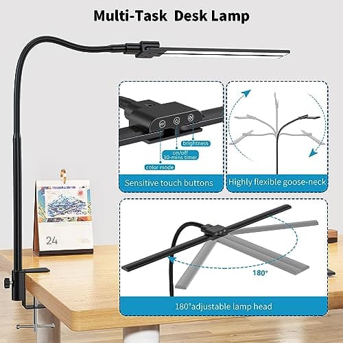 KableRika Lampe de Bureau LED Puissante, Lampe de bureau à double tête avec pince, Lampe d'architecte lumineuse avec 4 températures de couleur&luminosité, Commande tactile, Protection des Yeux
