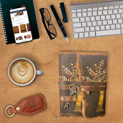 Urban Leather Journal intime avec motif arbre de vie, feuilles de cœur, pages rustiques, anciennes et anciennes, couverture en cuir, journal intime imprimé, papier vierge vierge