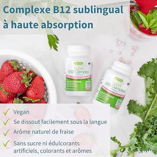 Vitamine B12 1000 mcg Sublinguale avec Adénosylcobalamine et Méthycobalamine, Haute Absorption, Sans Sucre, Arôme Naturel de Fraise & Vegan, 180 Petits Comprimés – par Igennus