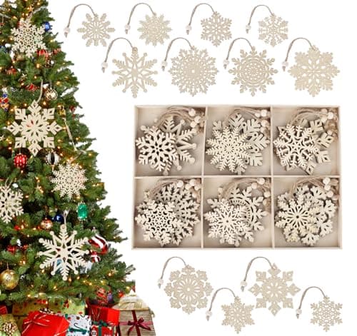 ilauke 36Pcs Bois Arbre de Noël Ornements avec Boîte en Bois,7cm/10cm Ornements de Flocon de Neige à Suspendre en Bois,3mm Pendentifs Rustiques Artisanat en Bois de Flocon pour Noël Mariage Fête