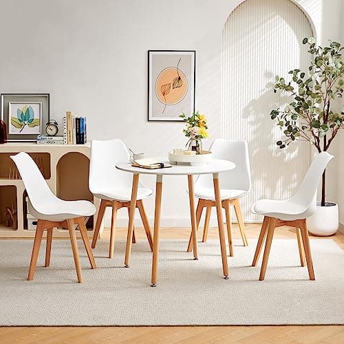 DORAFAIR Table et Chaises Salle Manger,Ensemble Table et 4 chaises,Table Ronde 80 * 80cm et 4 Chaise Scandinave Blanc