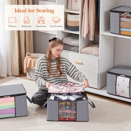 Lifewit Lot de 4 Sac Rangement Vetement 50L, Boite Rangement Pliable avec Poignées Renforcées, Housse de Rangement Couette, Caisse Rangement Sous Lit pour Vêtements, Couvertures, Jouets, Gris Clair