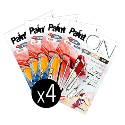 Clairefontaine 975409Cpack - Bloc Collé PaintON Multi-techniques - 24 Feuilles Papier Dessin Multi-techniques - Assorti de 6 Couleurs x4 Feuilles - A5 14,8x21 cm 250g - Paquet de 4 Blocs