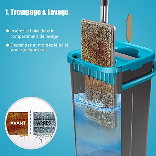 MASTERTOP Balai Microfibre et Seau Essoreur, Serpillière Plat Rotatif 360° et Seau Auto-Lavage, Vadrouille de Mains Libre pour Nettoyage de Sol, avec 6 Serpillières Réutilisables (Gris foncé)