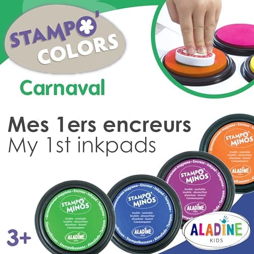 Aladine - 4 Encreurs Stampo Colors Carnaval - Encre pour Tampons Enfants - Taille XXL & Encre Lavable - Encreurs Géants Grand Format - Activité Manuelle, Loisirs Créatifs - Dès 3 ans