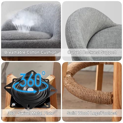 Lot de 2 Tabourets de Bar Gris, Chaises de Bar de Comptoir de Cuisine avec Siège en Tissu Rembourré, Pieds en Bois Massif, Tabourets de Bar Rotatifs à 360° Chaises Hauts de Salle à Manger (63cm)