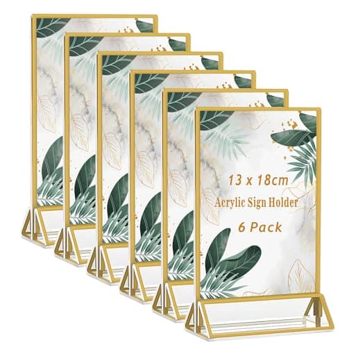 MAJOYLIFE Porte Menu de Table avec Bordures Dorées 6 paquets,Chevalet de Table en Acrylique,Cadre Double Face pour Affiches de Restaurant/Mariage/Eglise/Hôtel(13x18cm)