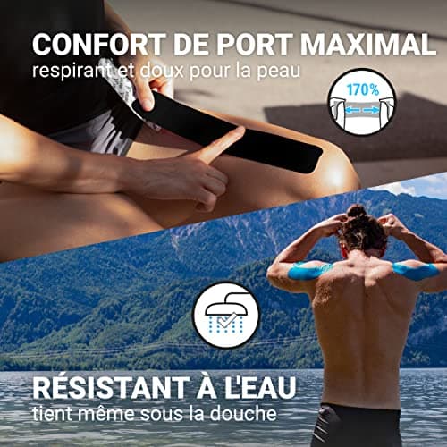 TRUETAPE® - Bandes de Kinésiologie en diverses coleurs | Rouleau de 5m x 5cm | Kinesio Tape imperméable et élastique pour le sport | Kinesiology Tape | Bleu & Noir