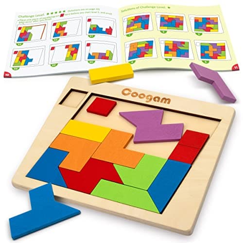 Coogam Blocs de puzzle en bois géométrique Tangram casse-tête puzzle 3D logique QI jeu coloré motif STEM jouets éducatifs cadeau 60 défis pour tous les âges