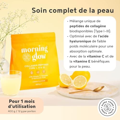 Collagene Poudre [400gr] | Collagen Peptides (Type I, II & III) | Vitamine C + E + Guarana + Acide Hyaluronique | Collagène Hydrolysé en Poudre pour Articulations, Ongles & Peau | Citron | Alpha Foods