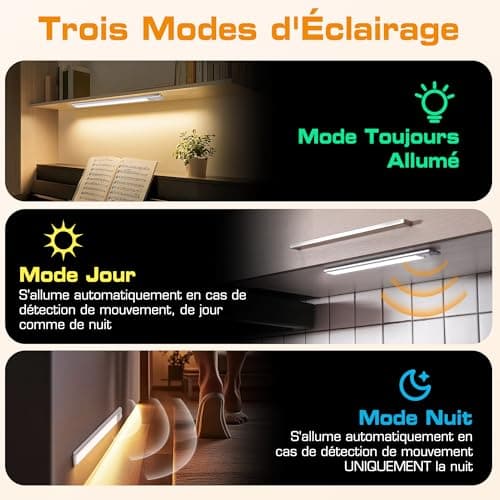 EverBrite Lampe Detecteur de Mouvement Interieur, Lampe de Placard 78 LED, Lumière Réglable 3000K/4000K/6500K, 3 Modes, Télécommande, Veilleuse Rechargeable USB pour Armoire, Cuisine, Salle de Bains
