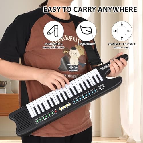 Funien Piano à Clavier électronique 37 Touches Mini Orgue électronique Portable Instrument de Musique 8 Tons 6 rythmes 10 démos avec Sangle de Microphone pour débutants Claviers Piano Double Modes