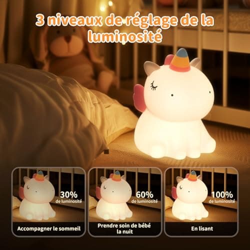 YISSVIC Veilleuse Bébé Enfant Rechargeable 7 Couleurs LED 3 Niveau Luminosité Veilleuse Licorne Filles Tactile Silicone Cadeau Nouveau-Né