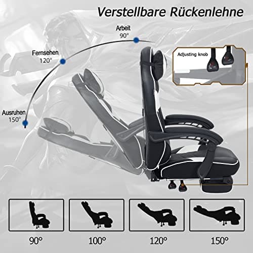 YU YUSING Massage Chaise Gaming Ergonomique Racing Chaise de Bureau avec Réglage de Hauteur, Repose-tête et Soutien des Lombaires, PU Cuir avec Repose-Pieds Rétractable, (Blanc)