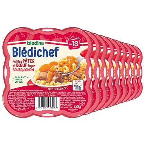 Blédina - Blédichef - Repas Bébé 18 Mois - 9 Plats Pâtes Bœuf Bourguignon - Petits Morceaux - Faible Teneur en Sel - Dès 18 Mois - 9 Assiettes 250g