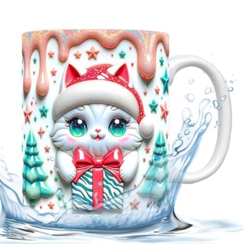 Ancsttu Tasse à café 3D, motif chat de Noël | Tasse à café en céramique avec chapeau de Noël 350 ml pour famille, , amis, collègues