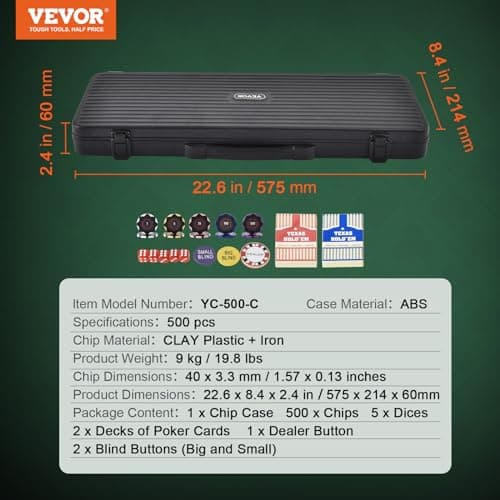VEVOR Mallette de Poker 500 Jetons de Poker en Argile et ABS 14 g 40x3,3 mm avec 2 Jeux de Cartes Texas Hold'em 1 Bouton de Croupier et 2 Boutons Blind pour Blackjack Jeux de Hasard Casino à Domicile