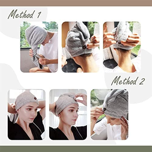 myHomeBody Serviettes de Cheveux, Turban de Luxe Anti-frisottis à séchage Rapide, Fibre de Charbon absorbante Ultra-Douce et à séchage Rapide, accompagnée de Boutons Gris de Noix de Coco