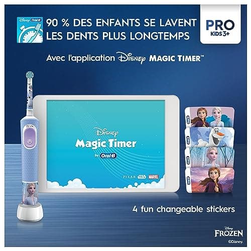 Oral-B Pro Kids Brosse à Dents Électrique Enfant, Reine des Neiges Disney, 1 Brossette Brossage Doux, 1 Étui Voyage, Minuteur et Vibrations, Batterie Rechargeable, 4 Stickers, 3 Ans et Plus
