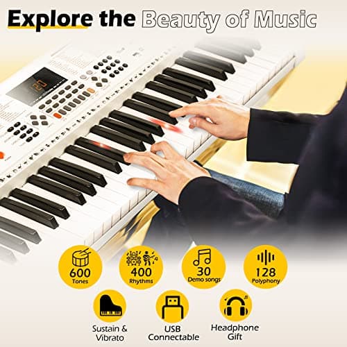 Vangoa Clavier électronique 61 Lumineuses Touches avec Support de Clavier de Piano, Microphone, 600 Timbres, 400 Rythmes, 30 Démos, Blanc