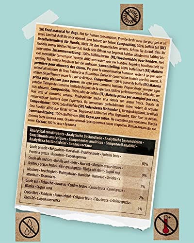 Friandises pour Chiens, Queue de Buffle, 100% Naturel, Nutritif et à Mâcher pour Les Petits, Moyens et Grands Chiens. 200g.