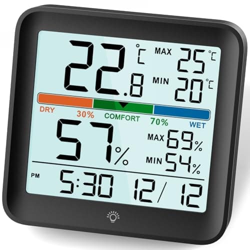 NOKLEAD thermometre interieur hygrometre-thermomètre digital maison avec Grand rétroéclairage tactile, Max/Min Horloge de Confort d'Air Moniteur humidimetre pour Serre Chambre de Bébé Chambre,Noir