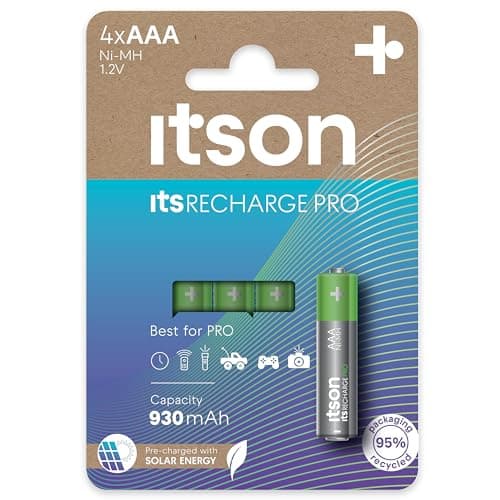 ITSON, AAA piles rechargeables, PRO, lot de 4, puissantes piles rechargeables, capacité Min. 930 mAh, pré-chargées, emballage à 95% de matériaux recyclés, made in Japan