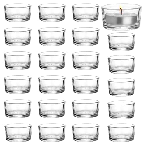 BELLE VOUS Photophore Verre Transparent (Lot de 24) - 4,5 cm de Diamètre et 2,5 cm de Hauteur - Bougeoir Verre pour la Décoration, Les Mariages, Les Fêtes et Les Décors de Table