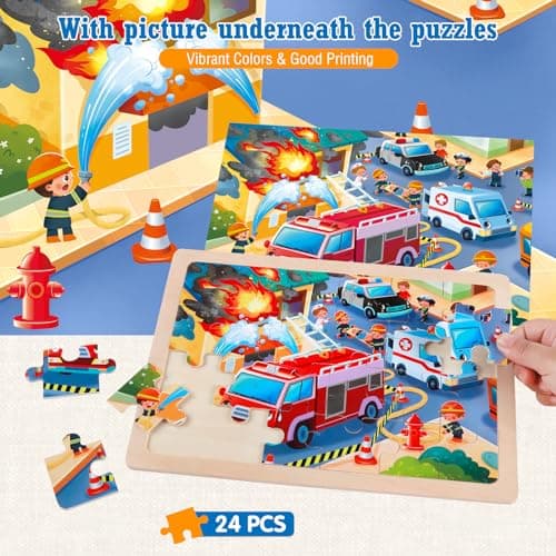 Puzzles en Bois Enfant 3 4 5 Ans, Lot de 4x24 Pièces Jouet Puzzle Jeux,Véhicules de Construction Camions Pompiers Transport Urbain Jeux Montessori Éducatif Jigsaw Puzzle Jouet pour Garçons Filles