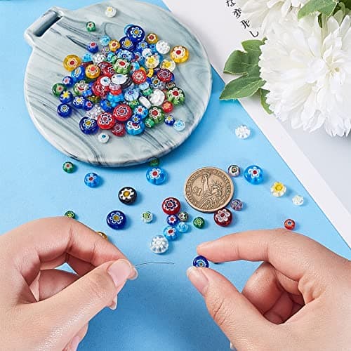 UR URLIFEHALL Lot de 140 perles en verre soufflé Millefiori rondes et plates - Motif floral - Perles d'espacement en vrac pour la fabrication de bijoux