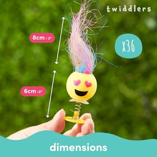 THE TWIDDLERS - 36 Jouets Pop Up pour Enfants, 6cm - Visage Souriant pour fête d'anniversaire avec Cheveux Multicolores, Coffret de Jouets sauteurs et de Remplissage de Sacs à Surprises