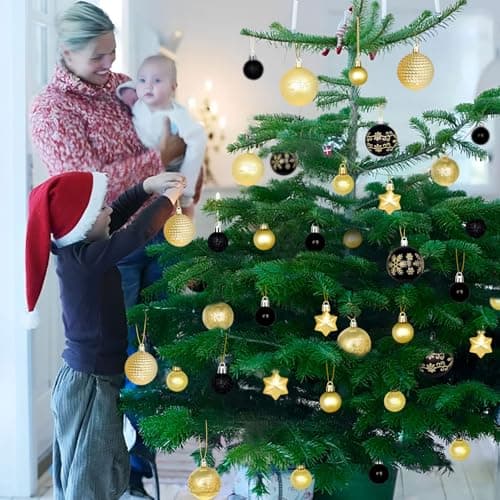 44 Boules de Noël Noir Or Set,Ø 6/4.3/3cm Boules de Noël en Plastique avec Crochet pour décoration d'arbre de Noël,Boules de Noël Décoration d'arbre Extérieur et Intérieur Décoration d'arbre Noël