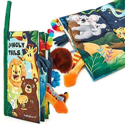 hahaland Livre Tissu Bébé Eveil 0 3 Mois Jouet Suspendre pour Bébé 0-3 6 Mois Livre Doux Froissé avec des Animaux de la Jungle Cadeau de Naissance pour Tout-Petit Garçon Fille