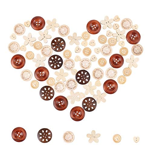 PH PandaHall 120pcs 6 Styles Boutons en Bois, Bouton Fait Main à Coudre Fleur/Rond/Coeur pour les Fournitures d'artisanat