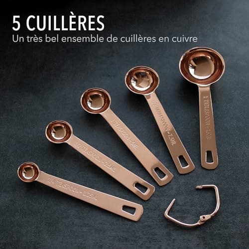 Lot de 9 pièces de tasses et cuillères à mesurer de cuisine et pâtisserie, en acier inoxydable cuivre chromé, avec mesures gravées, pour ingrédients secs ou liquides