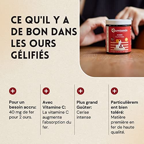 Gumtamin Gummies en fer Gumtamin avec vitamine C - Alternative hautement dosée aux comprimés et capsules de fer pour la carence en fer - 120 gummies végétaliens