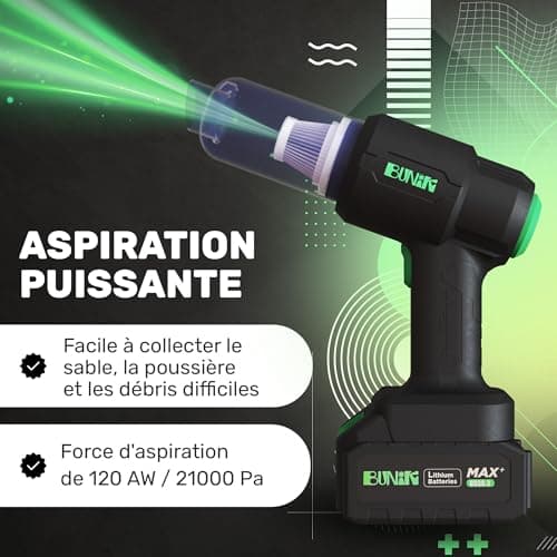 BUNIK Aspirateur Puissant 21000Pa pour Voiture - Aspirateur sans Fil avec autonomie 37 Min, Compact et performant, Accessoires Inclus pour Voiture et Maison