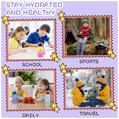 Grsta Gourde Isotherme, 500ml Gourde Enfant, Gourde Inox avec Paille, Gourde Metal Sans BPA, Facile à Nettoyer, Gourde Reutilisable Anti-Fuite, Bouteille d'eau pour Running, École, Bureau, Foot