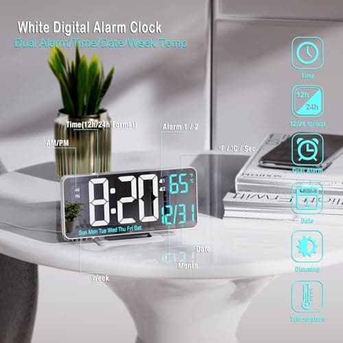 KOSUMOSU Horloges numériques LED pour Chambre à Coucher, 6,7 Pouces, réveil numérique, Fonction de Gradation, 12/24 Heures, Date, Jour de la Semaine, température, Horloge de Table, Horloge LED pour