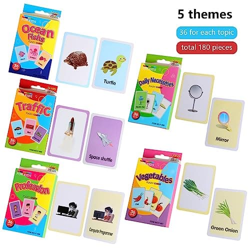 180 Cartes Flash pour Bébé, Cartes Animaux pour Enfants, Carte de Jouet d'apprentissage pour Promouvoir Le Vocabulaire (Nécessités Quotidiennes, Transport, Poisson Marin, spécialité, légumes)