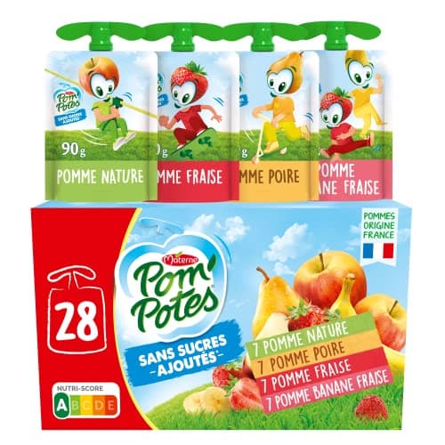 POM'POTES Compote Gourde Sans Sucres Ajoutés Pomme/Pomme Poire/Pomme Banane Fraise 28x90 g, Vert