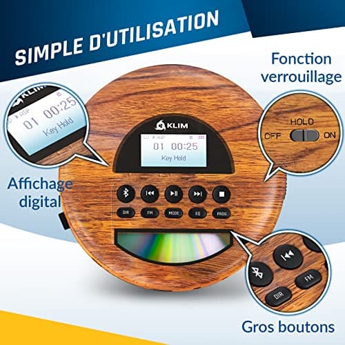 KLIM Nomad Wood - Nouveauté 2024 - Lecteur CD Portable - Batterie Intégrée Longue Durée - Écouteurs KLIM Fusion - CD-R, CD-RW, MP3 - Lecteur TF, Mini Radio Portable, Bluetooth - pour la Voiture