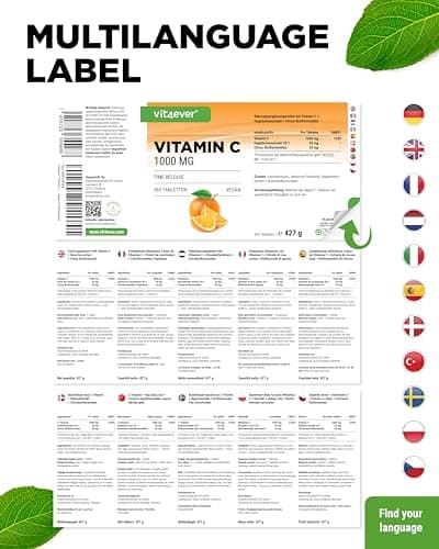 Vitamine C 1000mg - 365 comprimés par an - Effet à libération prolongée - Testé en laboratoire - Vitamine C + Extrait d'églantier + Bioflavonoïdes d'agrumes - Végétalien - Fortement dosé