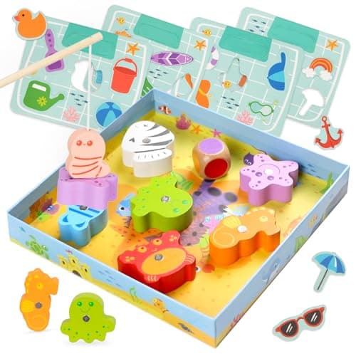 Nene Toys Jeu de Pêche Magnétique en Bois pour Enfants dès 2 Ans - Jouet Magnétique Ludique pour Tout-Petits de 2 3 Ans - Jeu Montessori de Pêche à la Ligne avec Puzzle - Cadeau pour Fille et Garçon