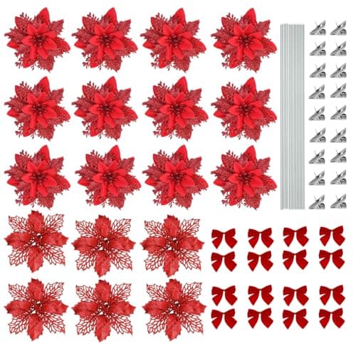MHMondawn Lot de 18 fleurs de Noël à paillettes avec clips - 12 nœuds - Étoile de Noël - Fleurs - Décoration d'arbre de Noël (paillettes rouges)