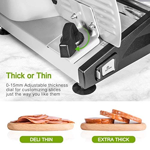 Trancheuse Électrique, Trancheuse à Jambon avec Interrupteur Sécurité Enfants, Lame en Acier Inoxydable, Epaisseur Réglage de 0-15mm pour Jambons, Saucissons, Pains, Viandes etc, 150W
