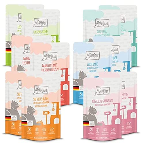 MjAMjAM - nourriture humide premium pour chats - pack d'essai, pack de 12 (12 x 125 g), sans céréales avec supplément de viande